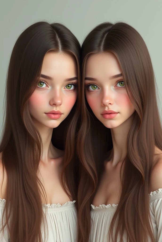 Brunette twins with straight hair round face green eyes tall realistic