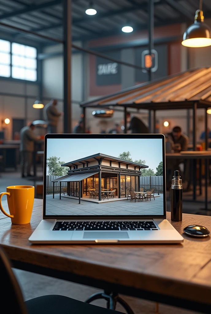 Laptop screen shot showing 3d design of iron frame cafe. Beside the laptop is a vape and a yellow coffee cup.. Behind the laptop there are several welders welding iron fences and canopies in a large warehouse with lots of iron poles., there is a banner with the letter B logo.