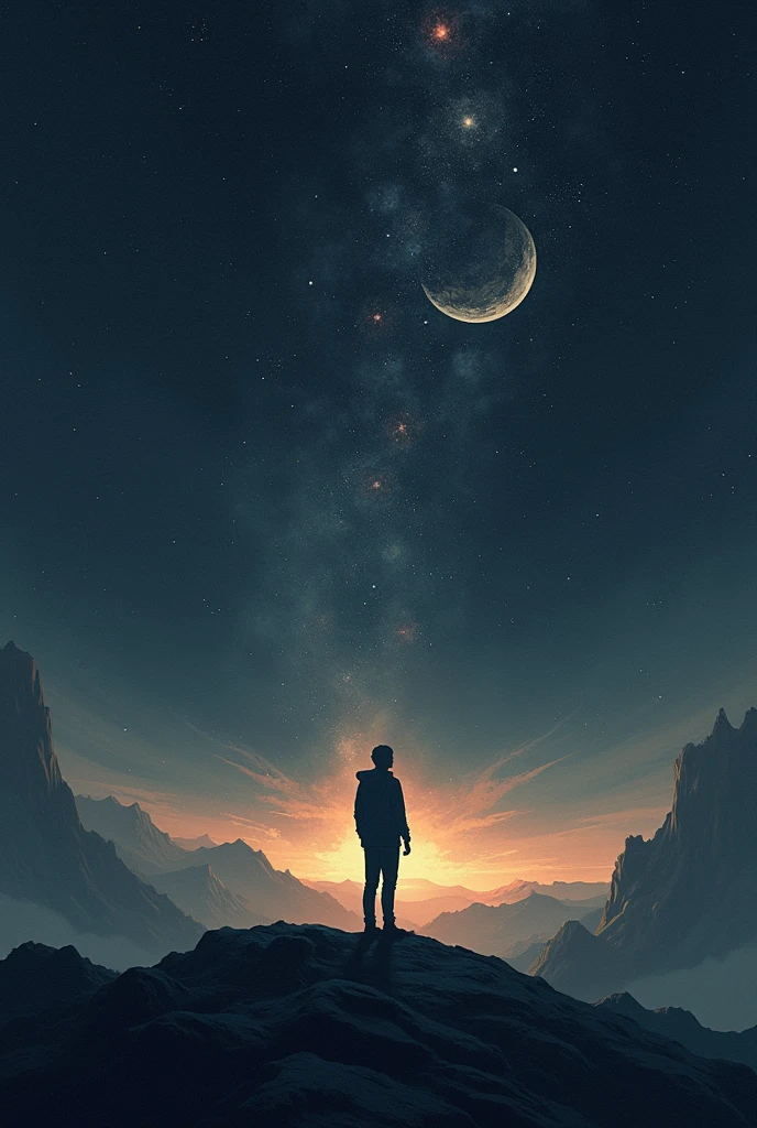 Vacant space illustration with a background like space and an human.. Sgow me the atmosphere of solitude and tranquility