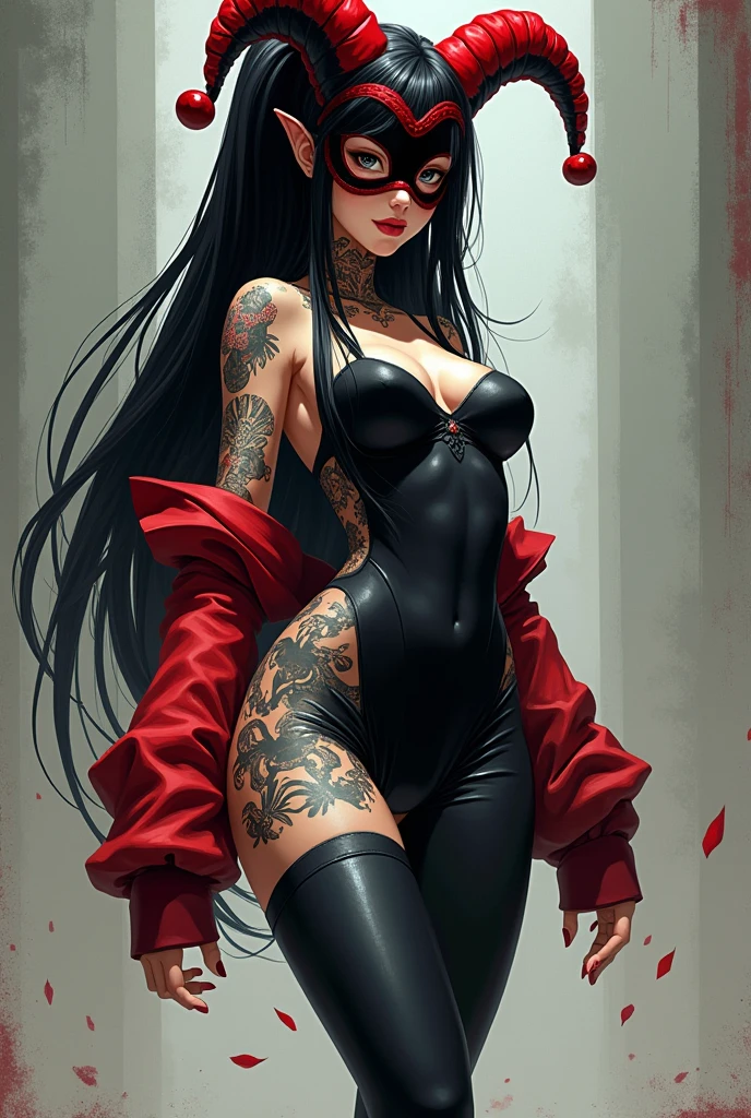 tall woman with tattoos on her right leg, Long black hair and black pants and a top with red sleeves and wearing a black and red jester mask, anime version