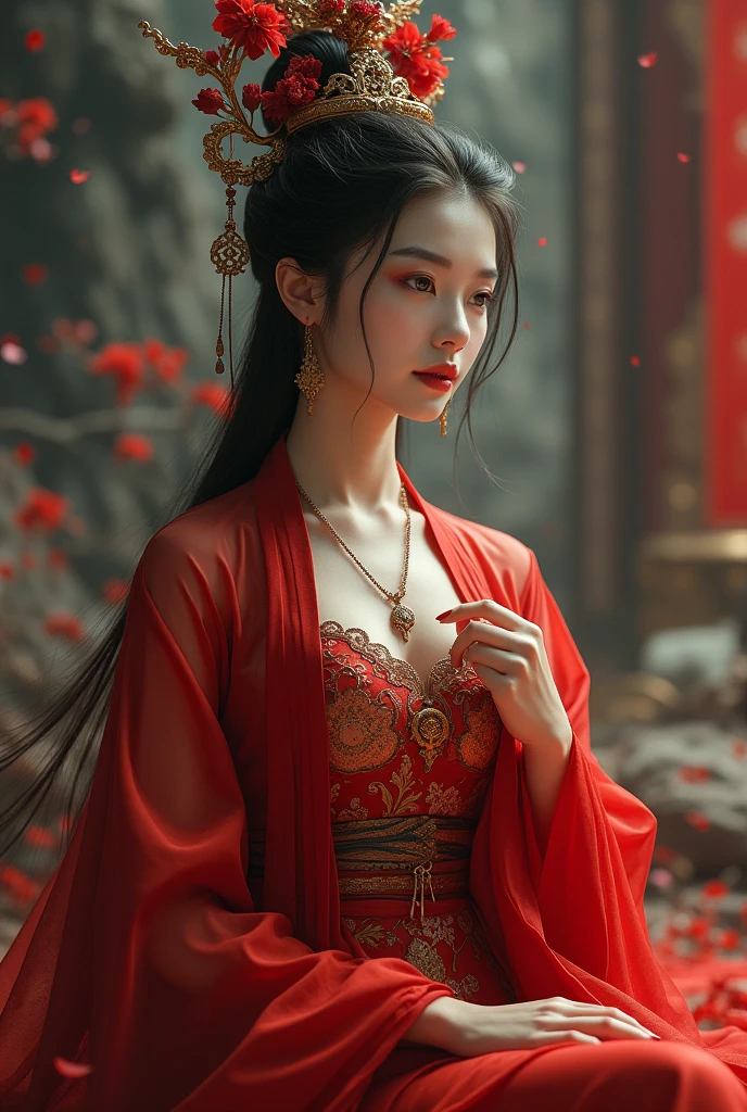 (8k, Highest quality, masterpiece:1.2), (Realistic:1.4), RAW Photos, Highest quality, Ultra-high resolution, Best Shadow, (whole body:1), Heroines in History, Cleavage, (ancient China), ((((赤いHanfu)))),Large and amazing environment, Horror, dark Horror, Highly detailed facial features, Beautiful and perfect face, Perfect Eyes, Perfect Fingers,Empress of China, Beautiful Fantasy Empress, ((Beautiful Fantasy Empress)), ancient Chinaの王女, Hanfu, Chinese traditional, ancient Chinaの芸術スタイル, China Princess,