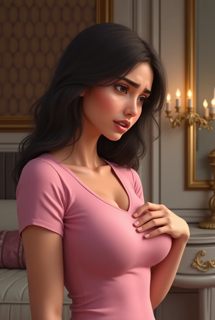 A Egyptian girl of 21, side view, wear pink t shirt, big breasts, picking her breasts with one hand, In a beautiful room, she has pain in breast, showing expression of anxiety on her face