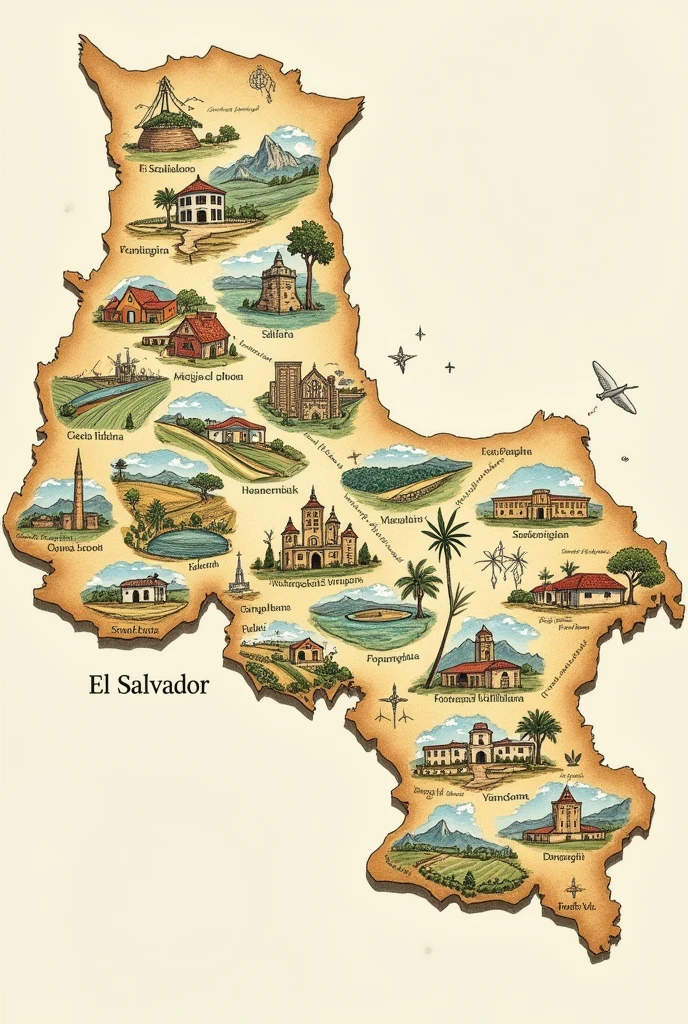 Create a map of El Salvador with its 14 departments and within each department have a representative drawing of each one but with the shape of the original map of El Salvador 