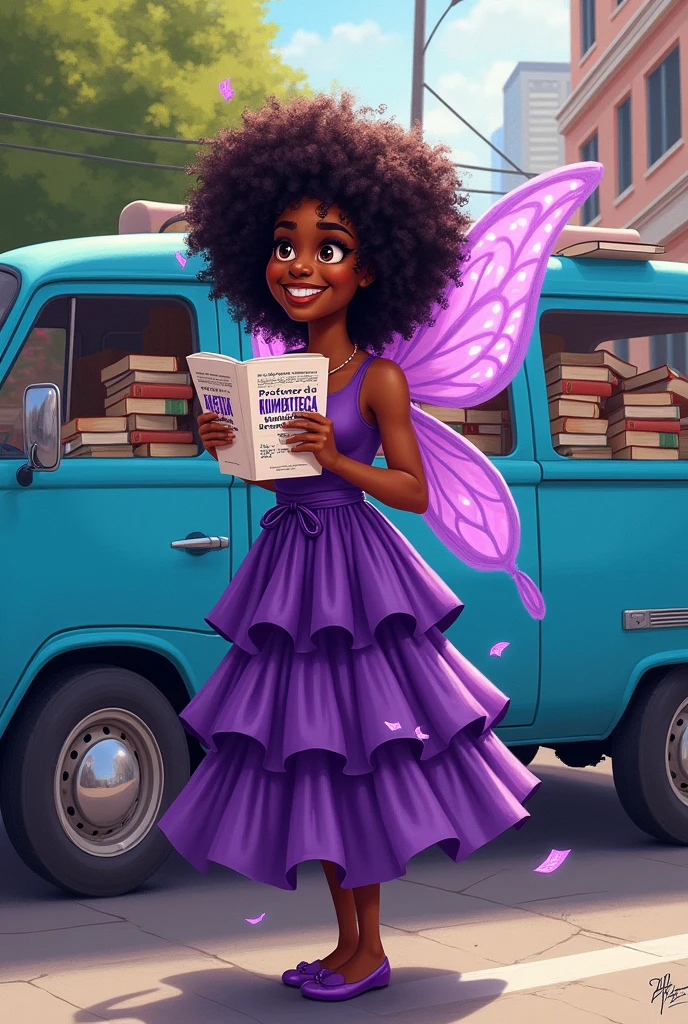 Drawing of a black teacher with curly hair dressed as a purple fairy, with a pamphlet in his hands for the election of councilor written “Professora Meire da KombiTeca” , next to a blue van that is full of books inside. 