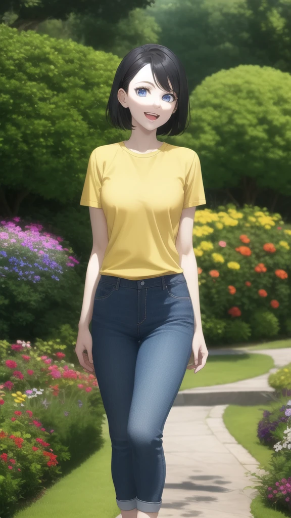 1girl, black hair, blue eyes, pale skin, powder blue t shirt, puffy short slevees, yellow pants, short hair, smiling, floral print t shirt, open mouth, garden, outdoors, head band, standing, Masterpece, looking at the viewers, ((masterpiece: 1.2)), cowboy shot, ,looking at veiewers, 4K, 8K, UHD, ultra-detailed, HDR, High quality, Best Quality, ((best quality)),