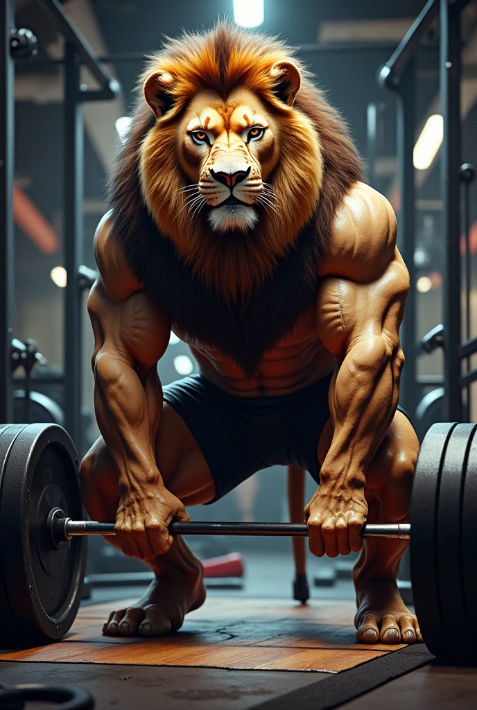 "A strong, muscular yellow real lion with an uncovered torso, wearing black shorts and barefoot. The lion is holding a barbell with black weight plates on each side raised above its head with both arms. Around its neck, it wears a gold medal with a red ribbon. A three-pointed crown rests on its head, symbolizing strength and royalty."