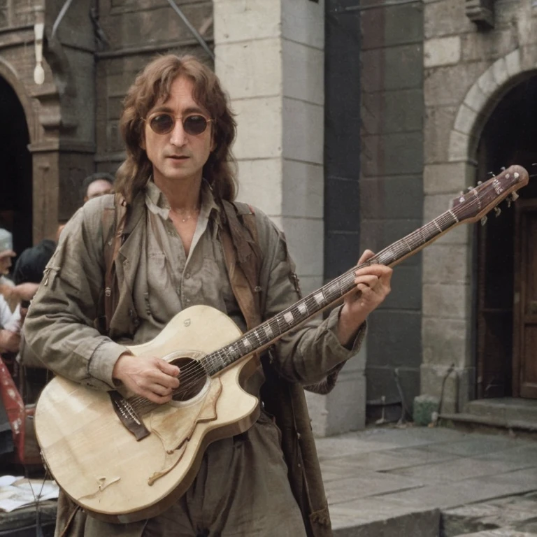 image of john lennon with long hair wearing an outfit from the movie lord of the rings, playing his guitar at a medieval fair
