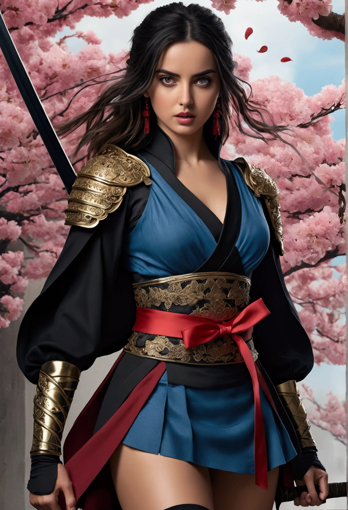 ((Ana de Armas)) Create a stunning illustration of a fierce female warrior, poised confidently with a katana in hand. She has long, flowing black hair tied back with a decorative ribbon, allowing a few strands to frame her face. Her large, expressive eyes are a captivating shade of blue, reflecting determination and strength. The character wears a striking outfit that combines traditional Japanese armor with modern elements: a fitted black top with red accents, a short, flowing crimson skirt, and intricately designed armor pieces on her shoulders and thighs, showcasing a blend of elegance and power. Her legs are adorned with stylish thigh-high stockings, partially revealing her toned skin, and she wears striking black heels that add a contemporary touch. The background features subtle splashes of cherry blossom petals, enhancing the atmosphere of grace and ferocity. Use a soft color palette with hints of red and gold to create depth and highlight the character’s formidable presence.