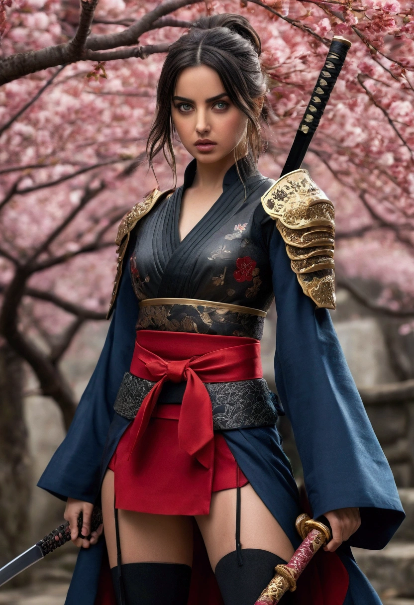 ((Ana de Armas)) Create a stunning illustration of a fierce female warrior, poised confidently with a katana in hand. She has long, flowing black hair tied back with a decorative ribbon, allowing a few strands to frame her face. Her large, expressive eyes are a captivating shade of blue, reflecting determination and strength. The character wears a striking outfit that combines traditional Japanese armor with modern elements: a fitted black top with red accents, a short, flowing crimson skirt, and intricately designed armor pieces on her shoulders and thighs, showcasing a blend of elegance and power. Her legs are adorned with stylish thigh-high stockings, partially revealing her toned skin, and she wears striking black heels that add a contemporary touch. The background features subtle splashes of cherry blossom petals, enhancing the atmosphere of grace and ferocity. Use a soft color palette with hints of red and gold to create depth and highlight the character’s formidable presence.