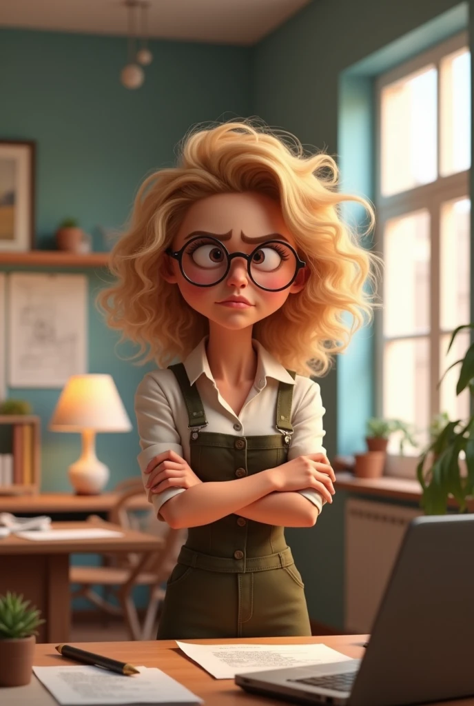 in an office environment, with interior design projects, a female architect with a round face, medium length blonde curly hair and round glasses with arms crossed and angry expression in disney pixar style




