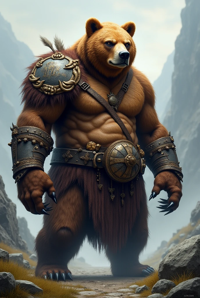 black viking with the body of a brown bear with a badge written julia lelis, her name is julia lelis and it is written