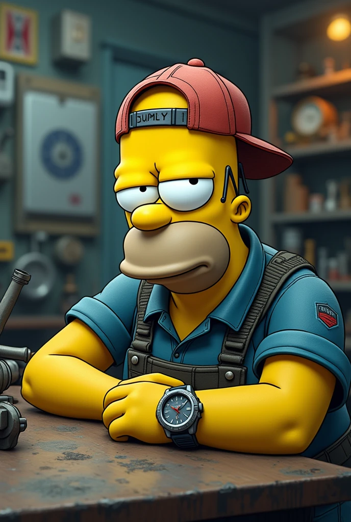 Homer Simpson tired at work with mechanic clothes, a backwards cap and a watch