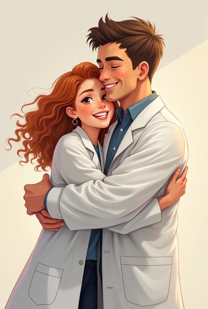 yo: white, light brown eyes almost honey, long curly copper blonde hair type 3A, 159cm tall 24 years old.
My teacher: Short brown brown hair, use your eyes, eyes browns, is very smiling. 164cm tall. 6.

Both in lab coats hugging and smiling