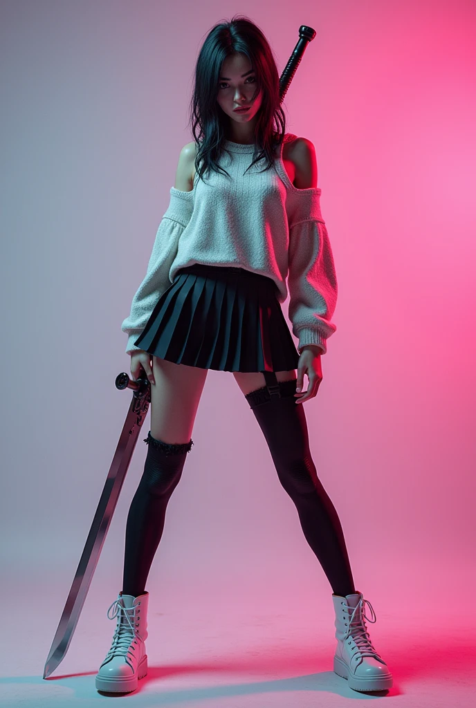 work of art, new, best qualityer, super rendering, super realistico, Highly detailed face, Clean and delicate face, all-body, Squat and wield a long sword, cyberpunk girl in seductive pose, Wearing a sweater and a pleated miniskirt, bunda new, legs spread open, sleeveless, black pantyhose, white short boots, gazing at viewer, simple color background