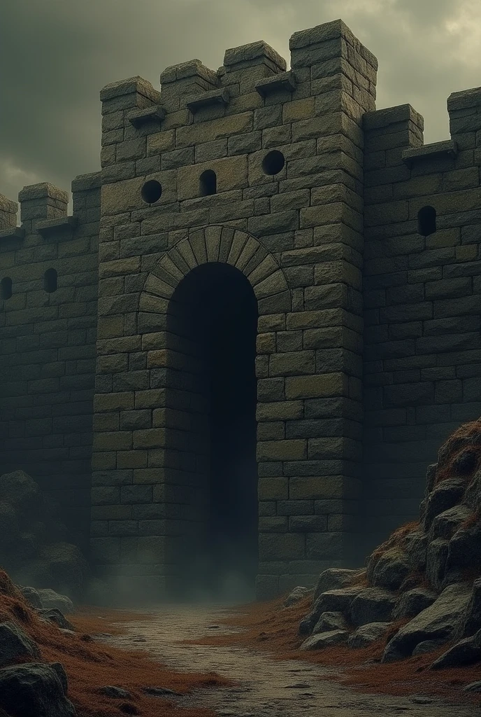 I want a very large stone wall with a dark background with dark brown tones