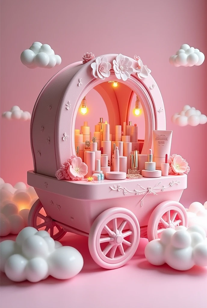 Create a pink rolling makeup display with pink clouds and fairy theme, where the makeup can be fully appreciated and has carriage wheels