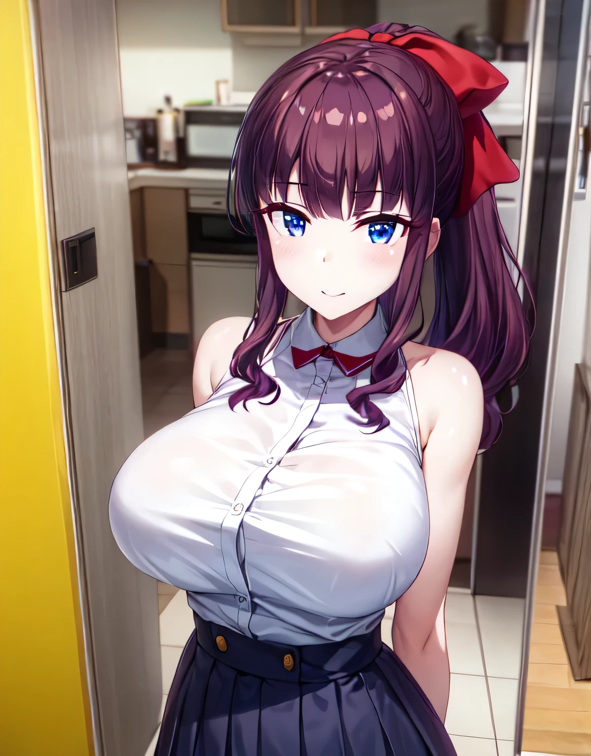 (large breasts:1.58),(shiny,hair),((solo)),((masterpiece)),((best quality)),perfect anatomy,slim waist,perfect image,8k UHD,(beautiful detailed eyes:1.5),extremely detailed face,standing,(upper body:1.25),(look at the front:1.5),(arms behindback),ultra-detailed,absurdres,highres,hifumi takemoto,long hair,bangs,(blue eyes),bow,ponytail,purple hair,hair bow,sleeveless clothes,skirt,light smile,indoor room,shiny skin,