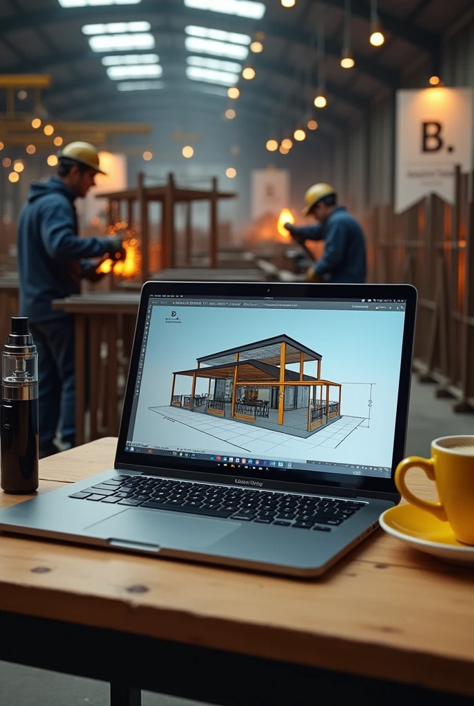 Laptop screen shot showing 3d design of iron frame cafe. Beside the laptop is a black vape and a yellow coffee cup.. Behind the laptop there are several welders welding iron fences and canopies in a large warehouse with lots of iron poles., there is a banner with the letter B logo.