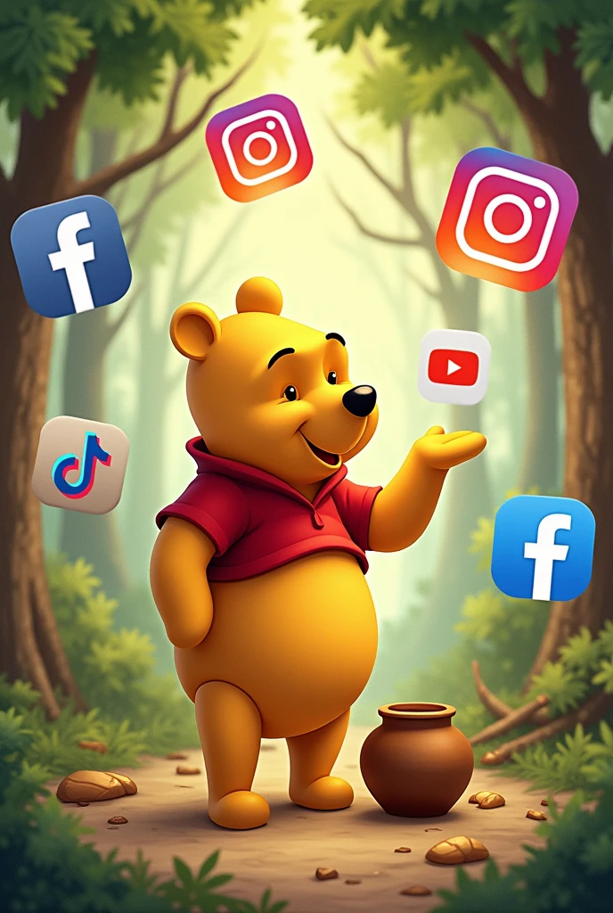 Winnie the pooh with tiktok logos, instagramart, Facebook and YouTube