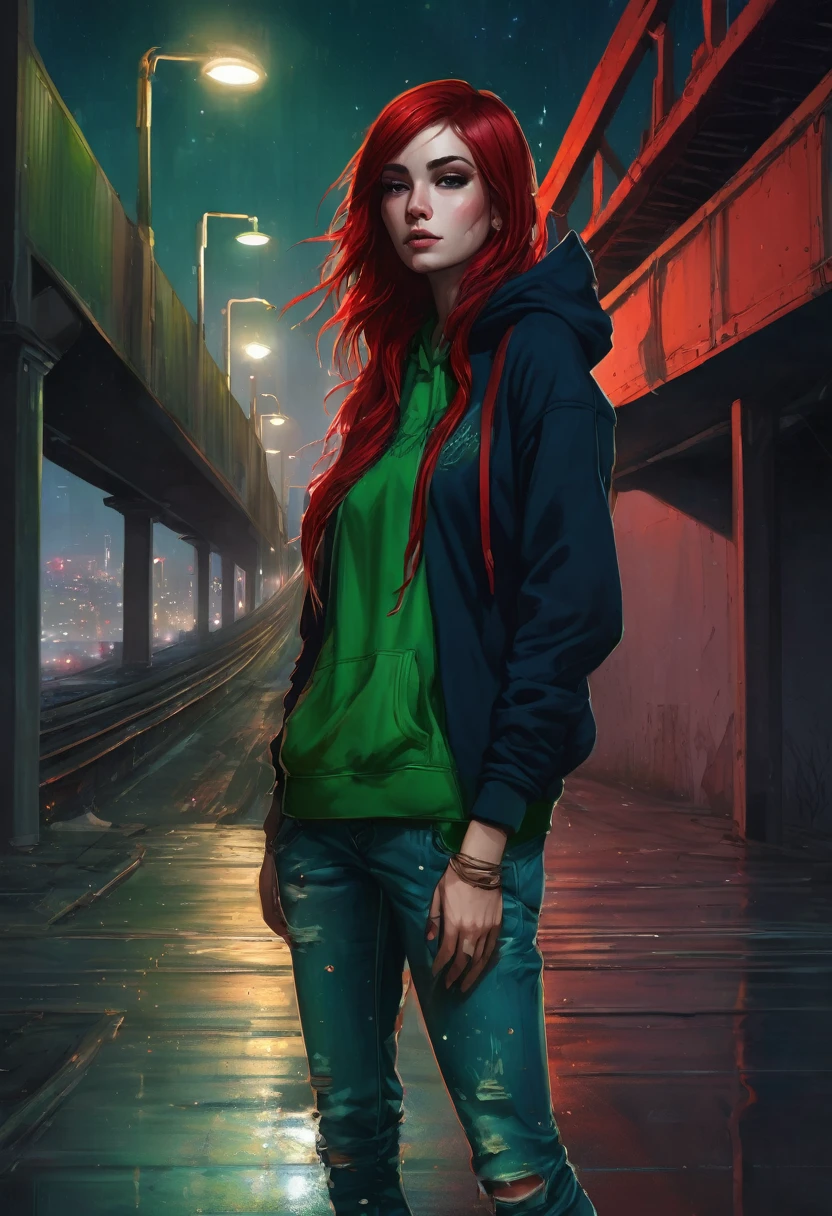 (good quality), (many details), (masterpiece), style of Charlie Bowater, crazy street artist, hoddie in green, hood up, spray can in hand, under a bridge at night, jeans, red tangled hair, broken clothes, 