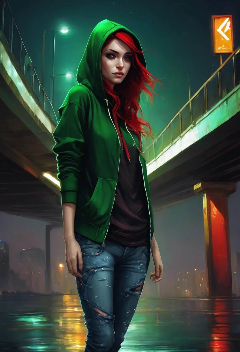 (good quality), (many details), (masterpiece), style of Charlie Bowater, crazy street artist, hoddie in green, hood up, spray can in hand, under a bridge at night, jeans, red tangled hair, broken clothes, 