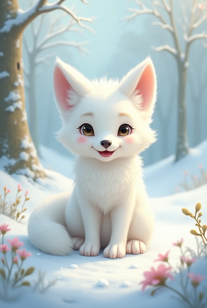 Dessin d'un bébé loup blanc qui se tient assis et sourit