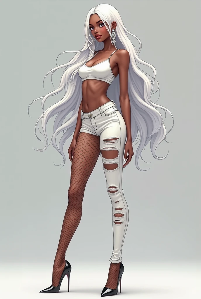 tall anime woman, long white hair, wears shiny earrings and light makeup, a cute white crop top and ripped jeans with fishnet tights underneath, high-heels, white colored nails, Have vitiligo, having a contrast of darker and lighter skin 