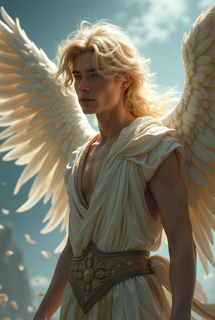 god of dreams, blond with white wings, naughty man, more real, Youngh, mythology artwork 