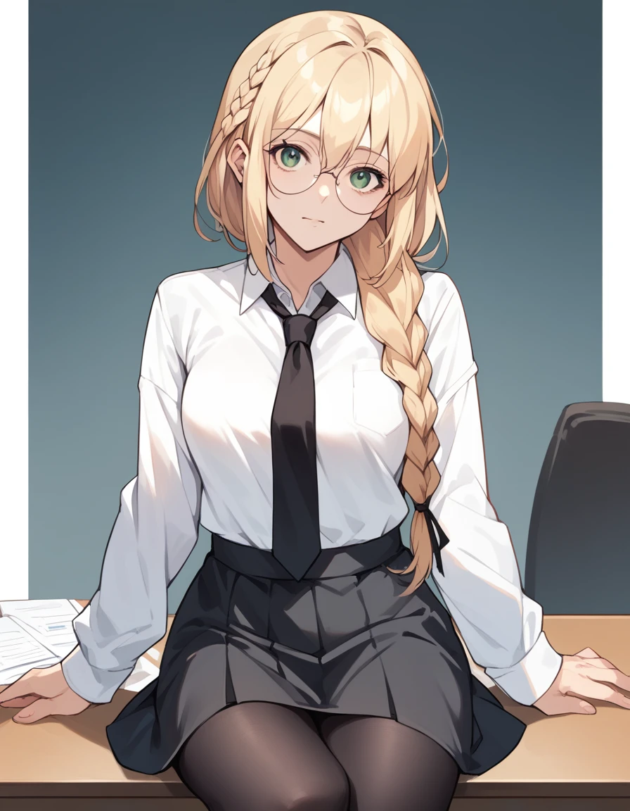 score_9, score_8_up, score_7_up, source_anime, 1girl, solo, looking at the viewer, smiling, blonde hair, long hair, green eyes, braid, single braid, glasses, round eyewear, (white shirt), (black necktie), (black skirt), skirt, ((black pantyhose)), office background, sitting on a chair, open legs,