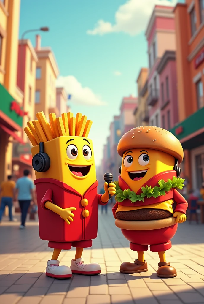 an animated French fry disguised as a vectorized and friendlier paparazzi, almost Disney style and with a hamburger mascot where the two characters can be seen together