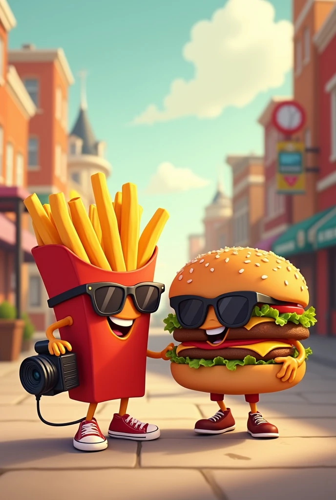 an animated French fry disguised as a vectorized and friendlier paparazzi, almost Disney style and with a hamburger mascot where the two characters can be seen together 