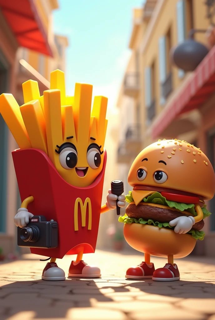 an animated French fry disguised as a vectorized and friendlier paparazzi, almost Disney style and with a hamburger mascot where the two characters can be seen together