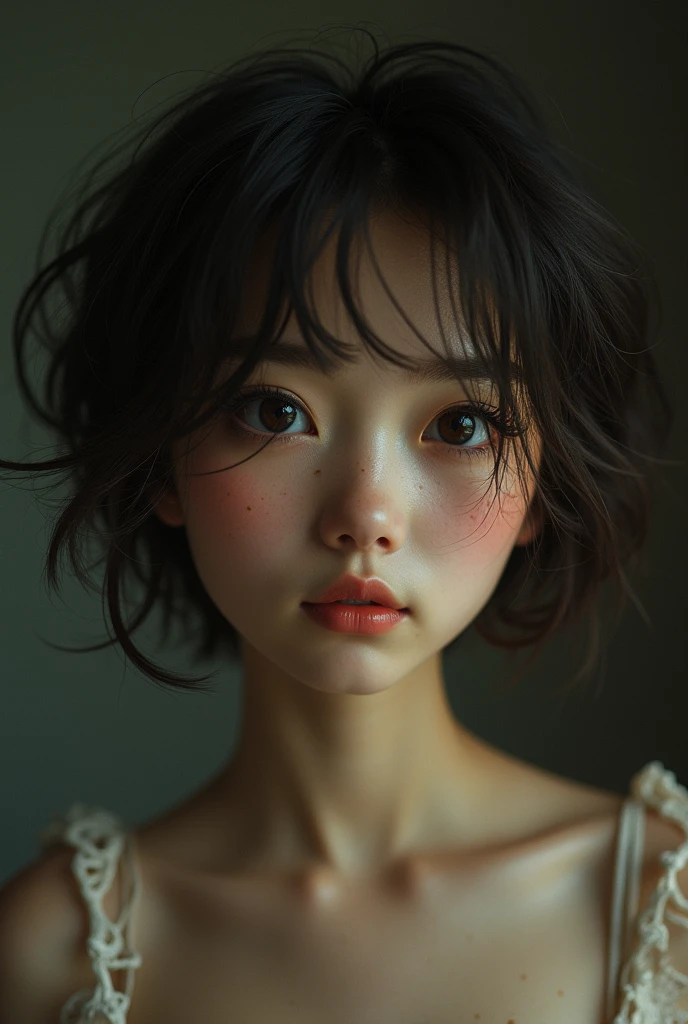 For coffee, short hair, long eyelashes, solid circle eyes, light smile, moles under the eyes, light smile, shy, pursed lips, Surrealism, shadow, stereograms, angle of view, atmospheric perspective, Depth of field, first person perspective, f/1.8, 8k, Super detail, necessary, Best Quality, A high resolution, Best Quality,full bodyesbian