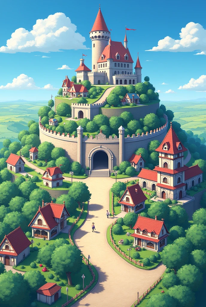 アニメ, anime city, in the center a large castle on top of a hill, circular city surrounded by walls with a large exit gate with a bridge, around the city a forest and a plain, on the right side a mansion, on the main street shop cabins, isometric view, add more houses around