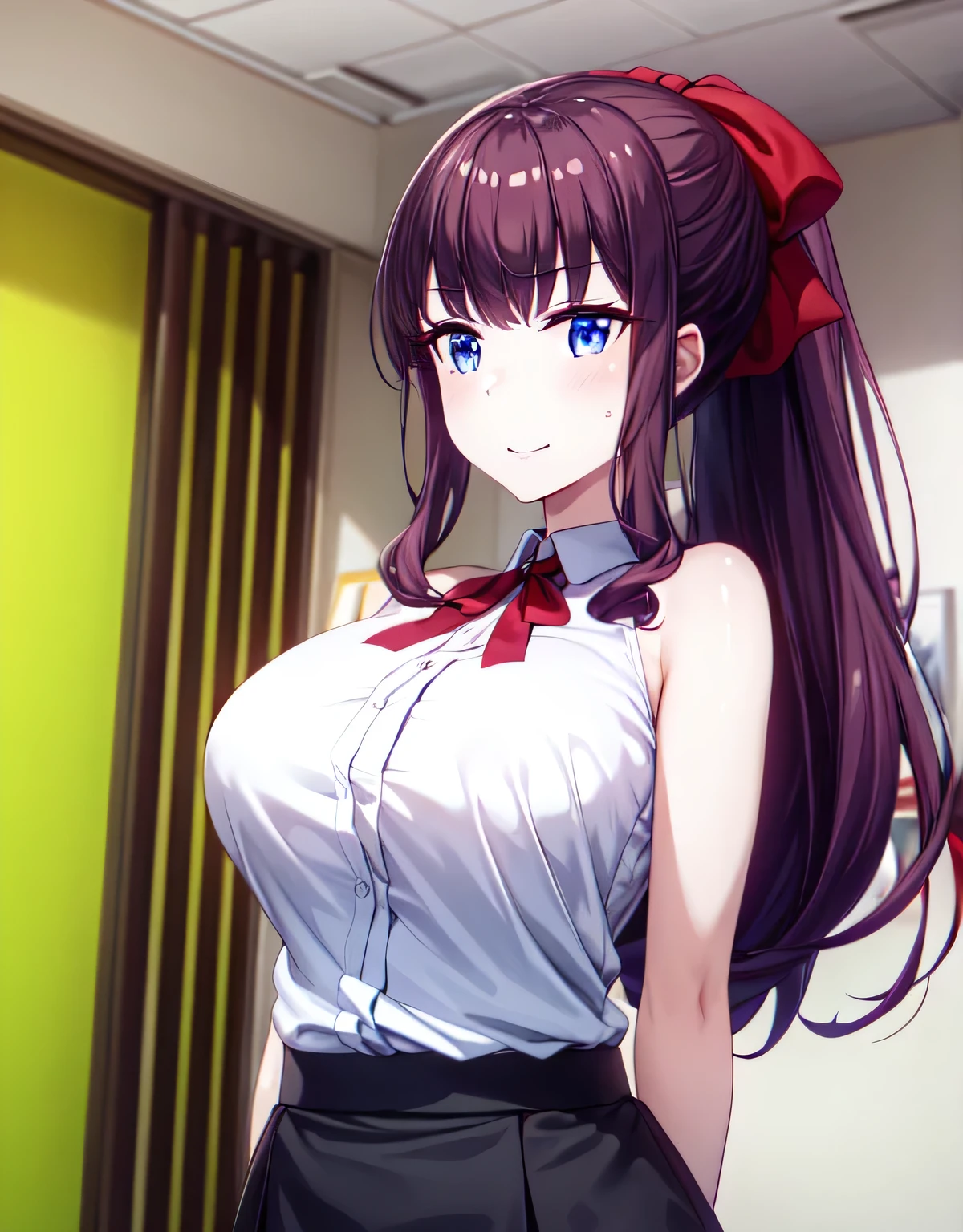 (large breasts:1.58),(shiny,hair),((solo)),((masterpiece)),((best quality)),perfect anatomy,slim waist,perfect image,8k UHD,(beautiful detailed eyes:1.5),extremely detailed face,standing,(upper body:1.25),(look at the front:1.5),(arms behindback),ultra-detailed,absurdres,highres,hifumi takemoto,long hair,bangs,(blue eyes),bow,ponytail,purple hair,hair bow,sleeveless clothes,skirt,light smile,indoor room,shiny skin,