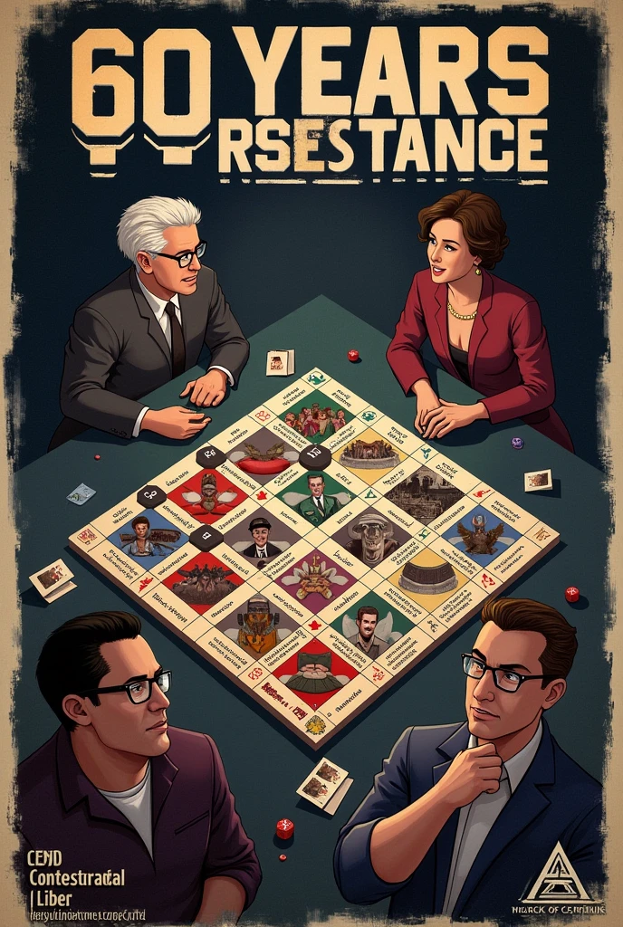 Create a cover for the board game "60 Years of Resistance", which explores the theme of the Military Dictatorship regime in Brazil. The cover should reflect the seriousness and historical impact of the topic, while also attracting the attention of players interested in an educational and strategic experience.
Main Visual Elements:
center image: A stylized game board, with areas that represent different aspects of the Military Dictatorship, as repression, resistance and protests. Include symbolic elements such as a die and visible cards to give a sense of board game.
Environment and Atmosphere: The atmosphere should be somber and reflective., evoking the tension and mood of the time. Use darker colors and shades of gray, perhaps with touches of red to highlight the dramatic nature of the game.
Historical elements: Include visual elements that refer to the era of the Military Dictatorship, as a stylized representation of historical documents, old photos or protests, but without using real images to maintain respect and seriousness.
Characters and Figures: Generic representations of characters that symbolize resistance and oppression, without making direct references to specific historical figures. Use illustrations that capture the essence of the struggles and hardships faced during the period.
Game title: "60 Years of Resistance" in large, striking letters. Text should be clearly legible and harmoniously integrated with the cover art..
Design Details: Add subtle details that reference the game, like card and dice icons, but keep the main focus on the historical theme and the game environment.
Purpose of the Cover:
The cover must convey the seriousness and importance of the topic addressed, while at the same time showing that the game is engaging and educational. The idea is to create a design that respects the historical context, without imposing ideologies, but that encourages players to reflect on the past and engage in strategic competition and