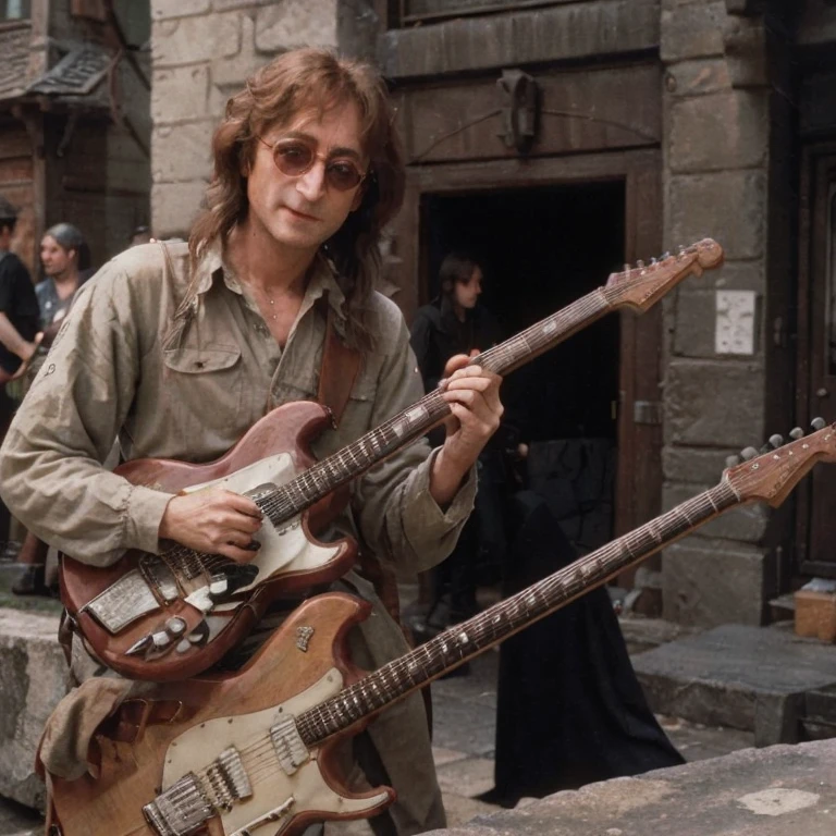 image of john lennon with long hair wearing an outfit from the movie lord of the rings, playing his guitar at a medieval fair