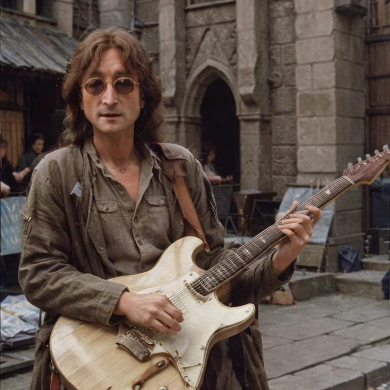 image of john lennon with long hair wearing an outfit from the movie lord of the rings, playing his guitar at a medieval fair