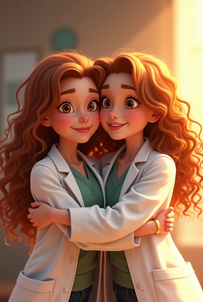 yo: white, light brown eyes almost honey, long curly copper blonde hair type 3A, 159cm tall 24 years old.
My teacher: Woman, Short brown brown hair, use your eyes, eyes browns, is very smiling. 164cm tall. 6.

Both in lab coats hugging and smiling Pixar-style art.