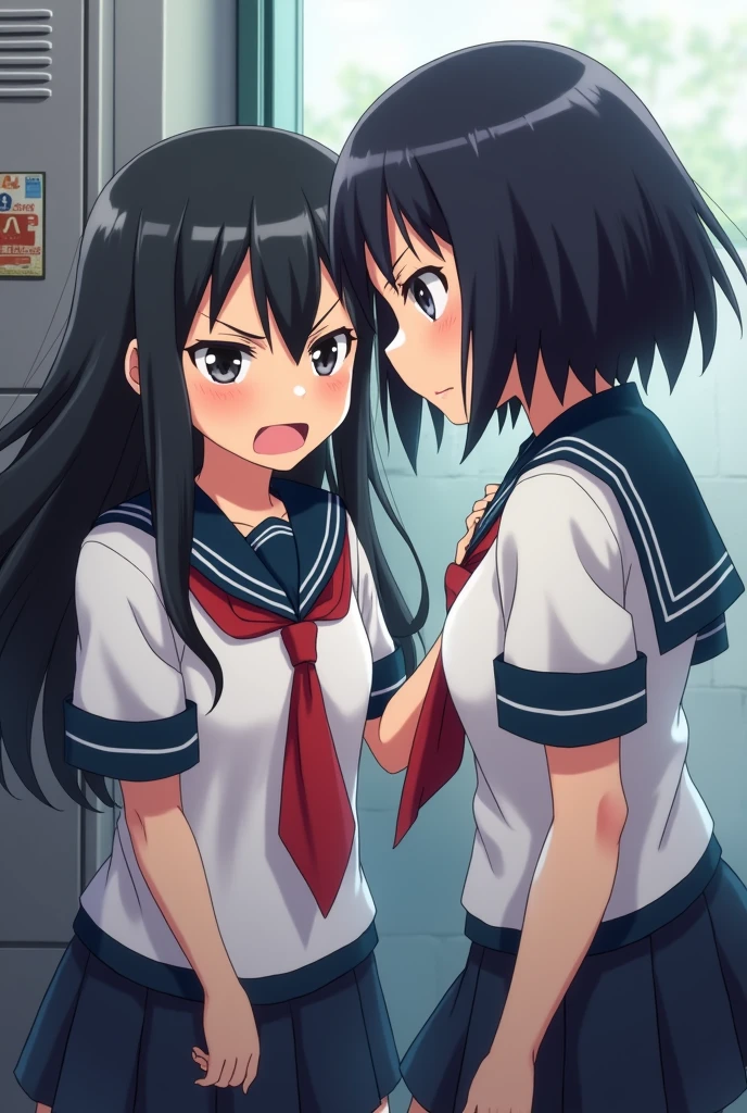 Two Japanese high school girls wearing school uniforms looking at each other，One of the girls, with long black hair and bangs, looked angry.，A black bob head with a sad expression。Use anime style。