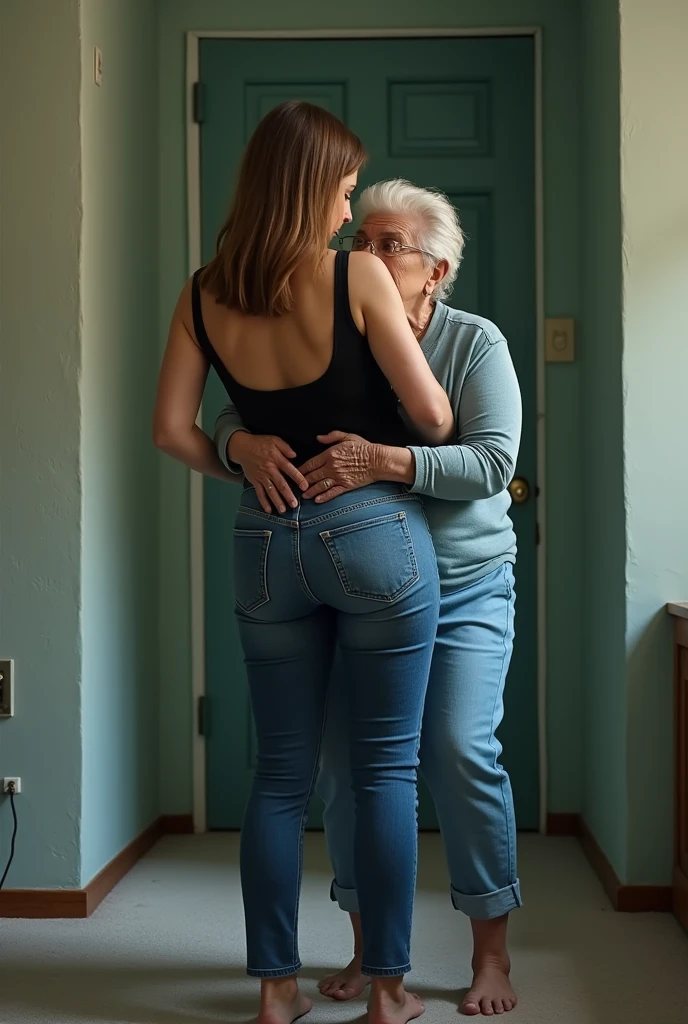 Create a photo of a 30 year old young woman, with a slender and beautiful body, wearing a black low-cut tank top and jeans, with white and clear skin, with long light brown hair and has her back to the camera as she is lifted high up by her butt by an obese black 90 year old elderly lady, dark black skinned, who has short hair, who wears glasses and a blue dress