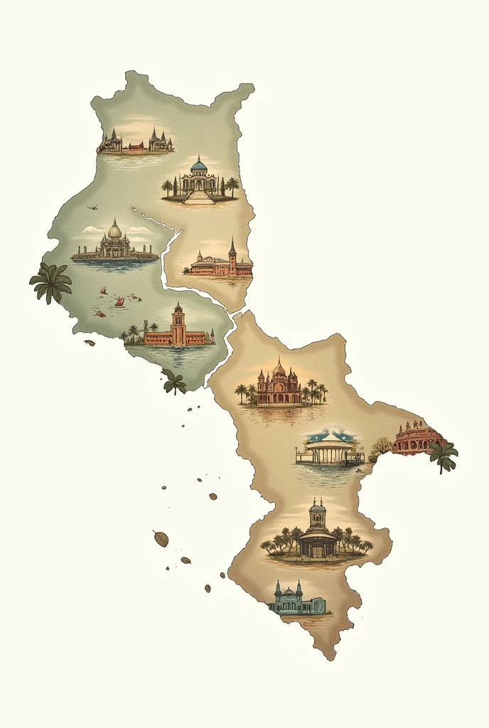 Map of El Salvador with its 14 departments and within each department there is a representative drawing of each one but with the shape of the original map of El Salvador
