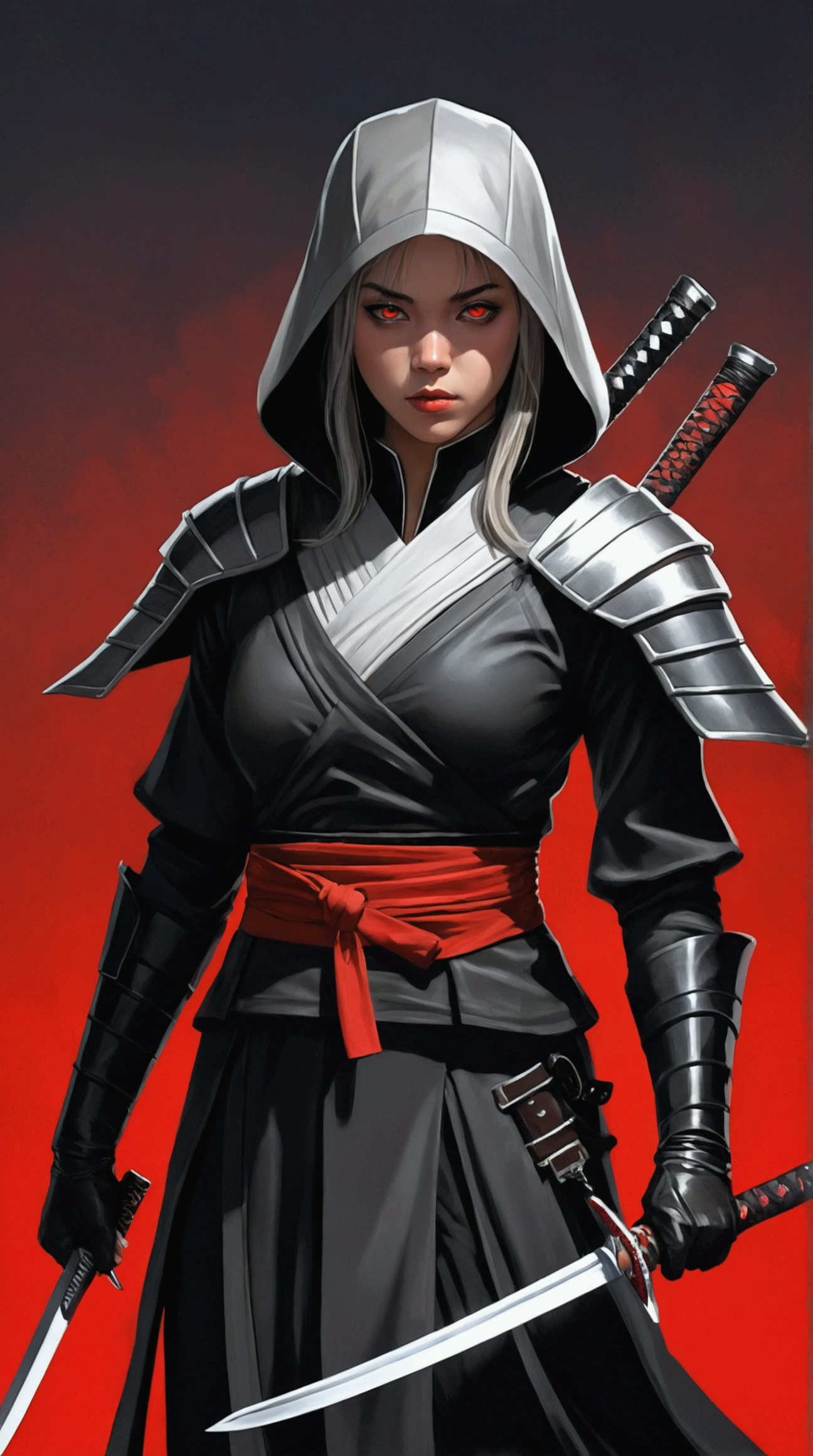 ((Sydney Sweeney)) Create a striking anime-style illustration of a lethal ninja nun. The character should be a young woman with long, jet-black hair and straight bangs, framing a face with piercing red eyes and slightly parted lips. Her expression should convey a mix of detachment and danger. Dress her in a form-fitting black habit, reimagined as a sleek combat outfit. The habit should have a high collar and flowing sleeves, contrasting with multiple leather straps and buckles cinching the waist and thighs. Include a white coif framing her face, adding a stark contrast to her dark attire. Position a katana diagonally across her back, its hilt visible over her right shoulder. The sword's wrapping and tsuba should be intricately detailed. Set the character against a vivid red background, creating a bold contrast that heightens the sense of danger and drama. Use dramatic side-lighting to accentuate the curves and edges of her outfit, casting sharp shadows and highlighting the glossy texture of her hair and the metallic elements of her gear. The art style should blend clean, sharp lines with subtle gradients, emphasizing the character's deadly grace. Pay close attention to small details like the reflection in her eyes, the texture of the leather straps, and the folds in her habit. Incorporate hints of hidden weapons beneath her outfit, suggesting her lethal capabilities. The overall composition should exude a sense of controlled power, religious devotion twisted into something dangerous.
