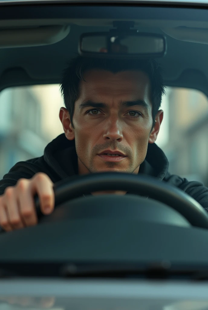Short hair black man, in front of the steering wheel of the car and looking forward