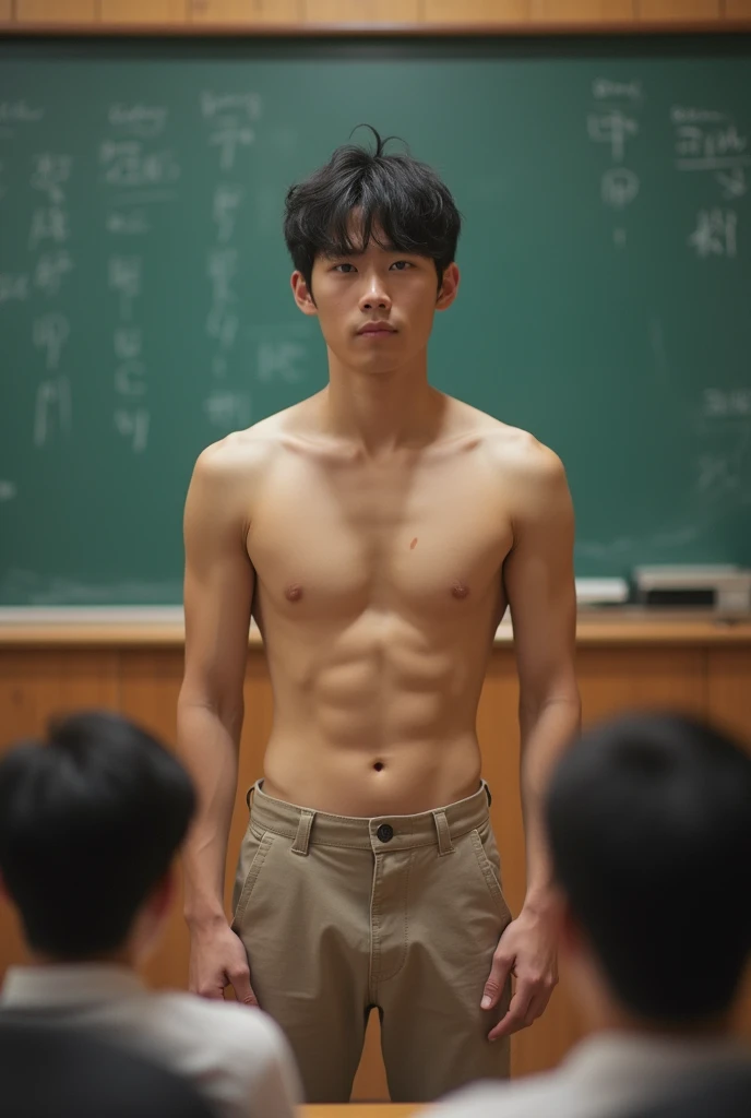 1boy、Photo Quality、Cute handsome man、Mash Hair、Japanese male, 、Completely naked、Full nudity、erection、Huge penis、Highest quality、Realistic、beautiful、In front of the podium in the classroom、A figure standing in front of many students looking towards the camera