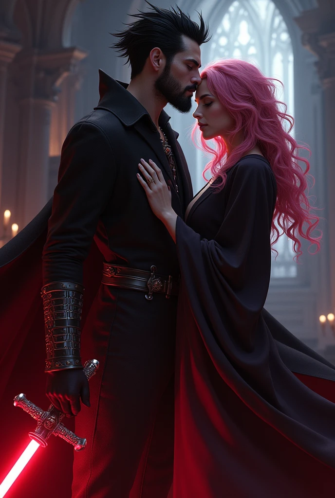 Mihawk Dulacre with short black hedgehog hair and edged beard wearing coat and having red lightsaber in the form of a cross kissing pink haired Peronas forehead