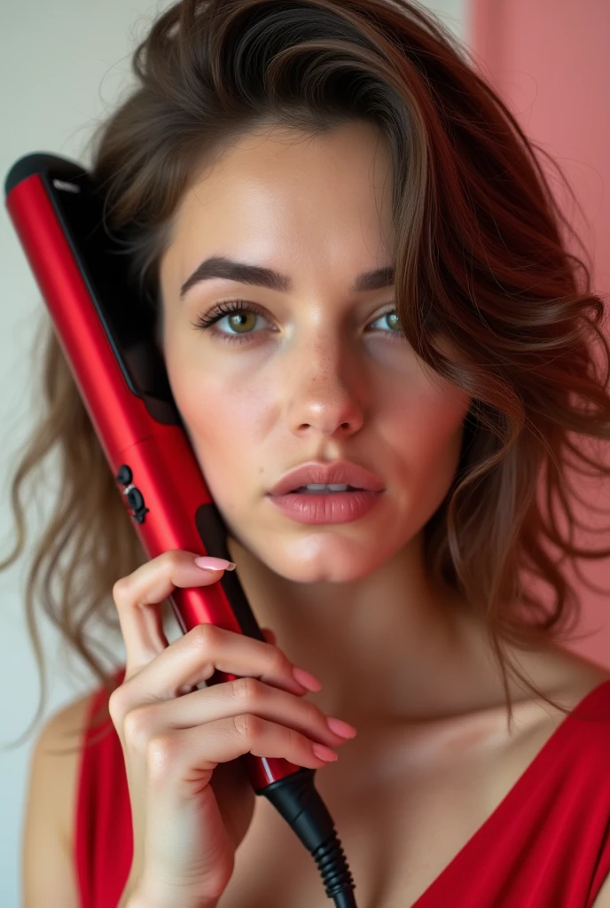 I want to create a photo of my face with hair with a red babyliss