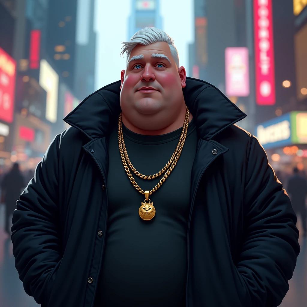 ((( best qualityer))) (((high resolution))) make a fat young man&#39;s fat face. he has white hair combed to the side and short on top,and on the side a gradient until it becomes bald. wearing a black winter jacket with the hood open over his head with a mystical air. wearing a gold necklace with a cat on the pendant. as if he were parading through Times Square