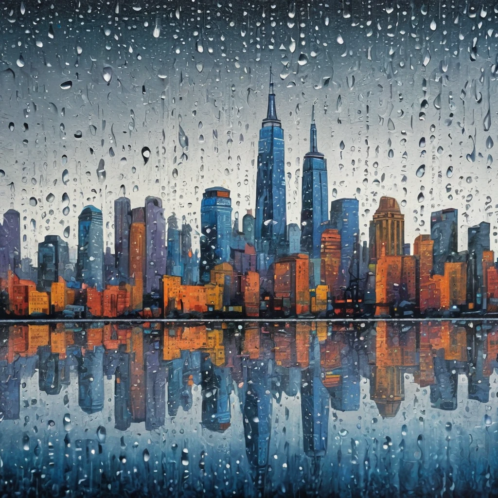 Drawing from water droplets on frosted glass, showing the landscape behind through the water droplets, Jochen Mühlenbrink style, soggy, masaccio, a 1990s poster style with rainy details, colorful with vibrant colors, (low-light, breathtaking panoramic:1.3), night newyork city background, rainny, light reflection at the background, acrilic art paint, oilart paint texture