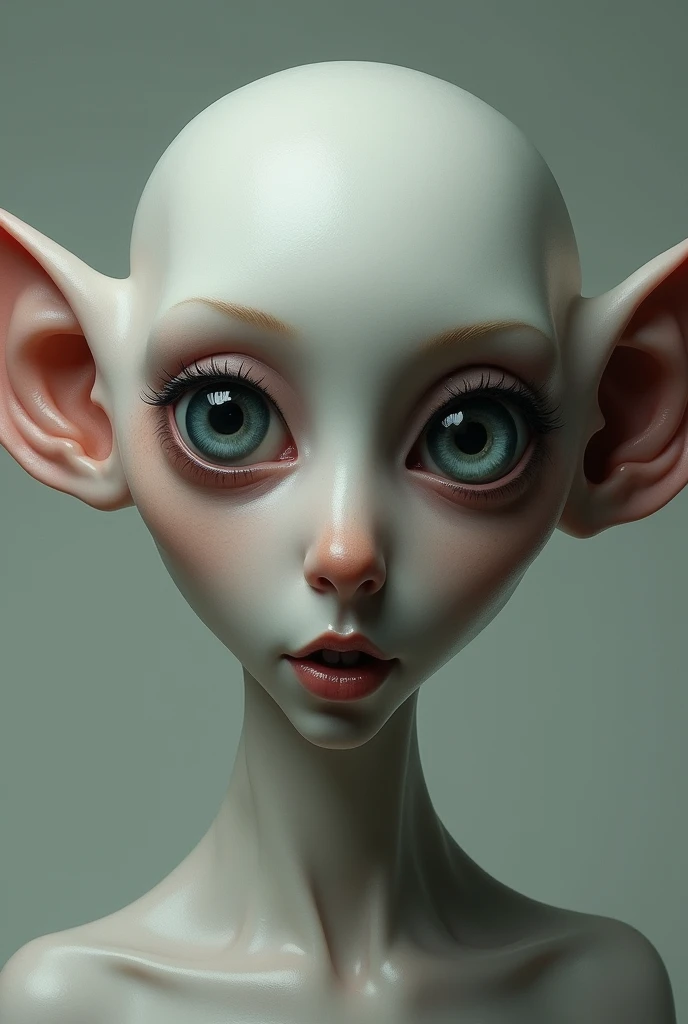 Face of a woman who is bigger, with big eyes and ears attached to the skull